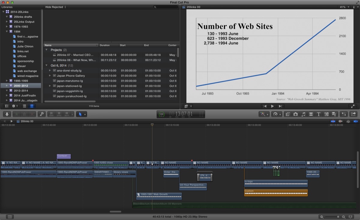A documentary video editing timeline showing organized archival media